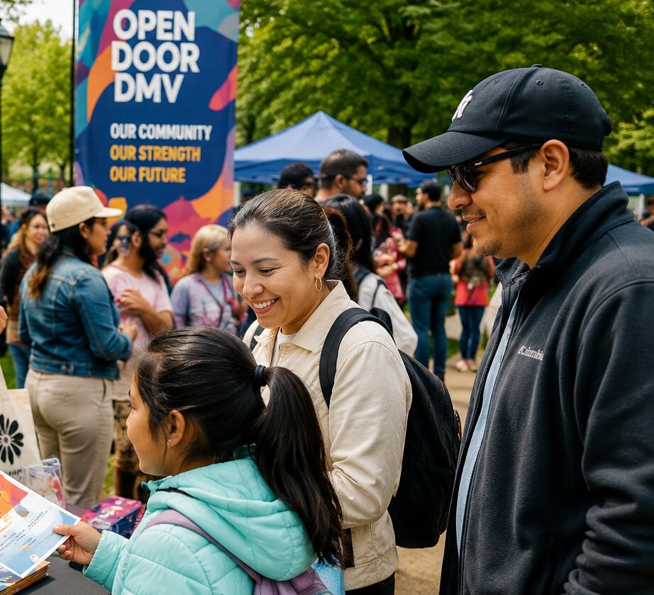 Families at the Open Door DMV table during a community event in the DMV