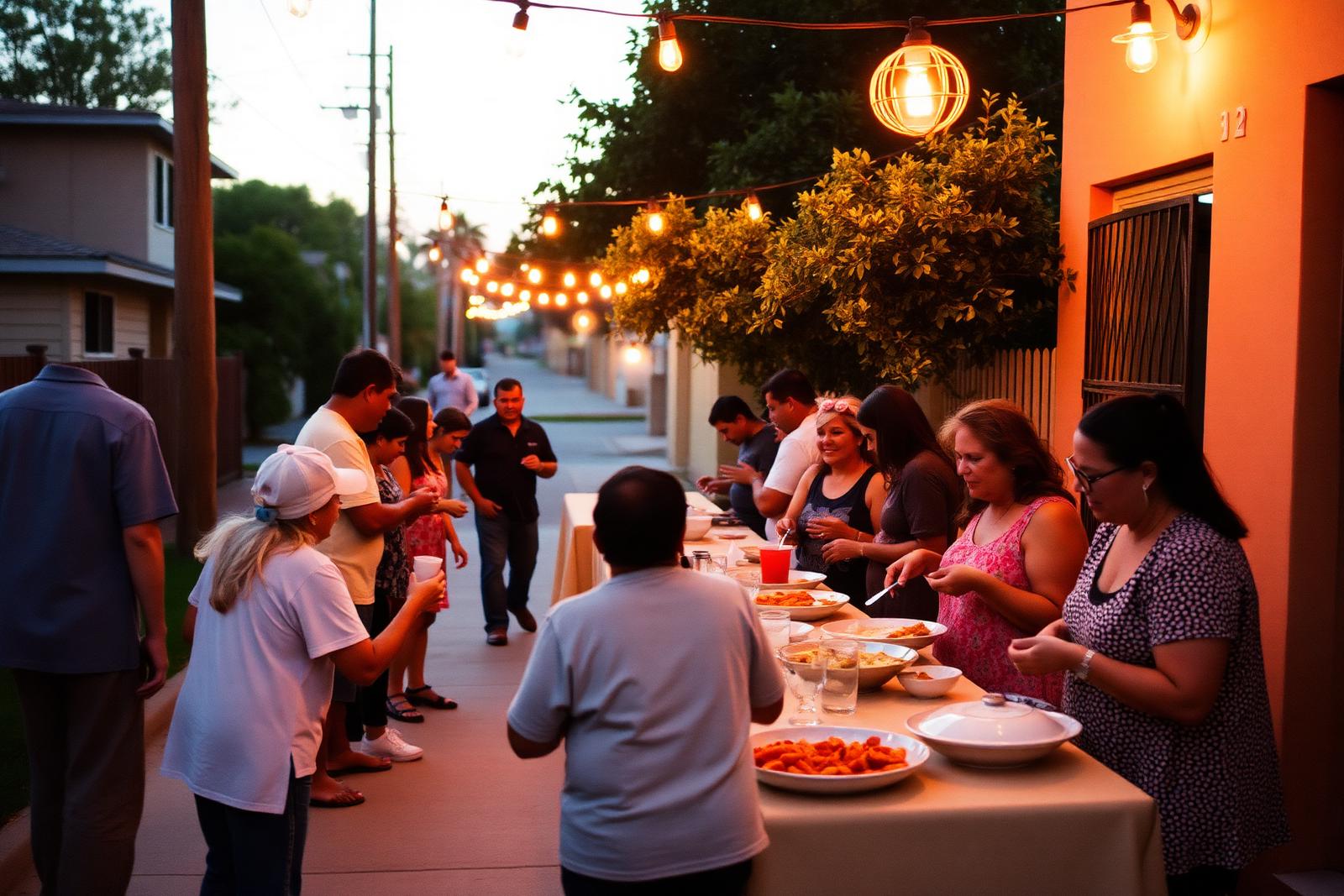 Summer block party with neighbors gathered outside a DMV storefront.