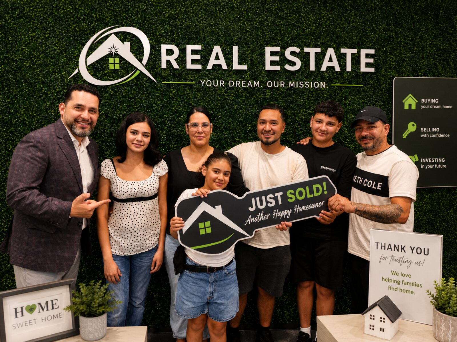 A family celebrating a home purchase with their real estate agent